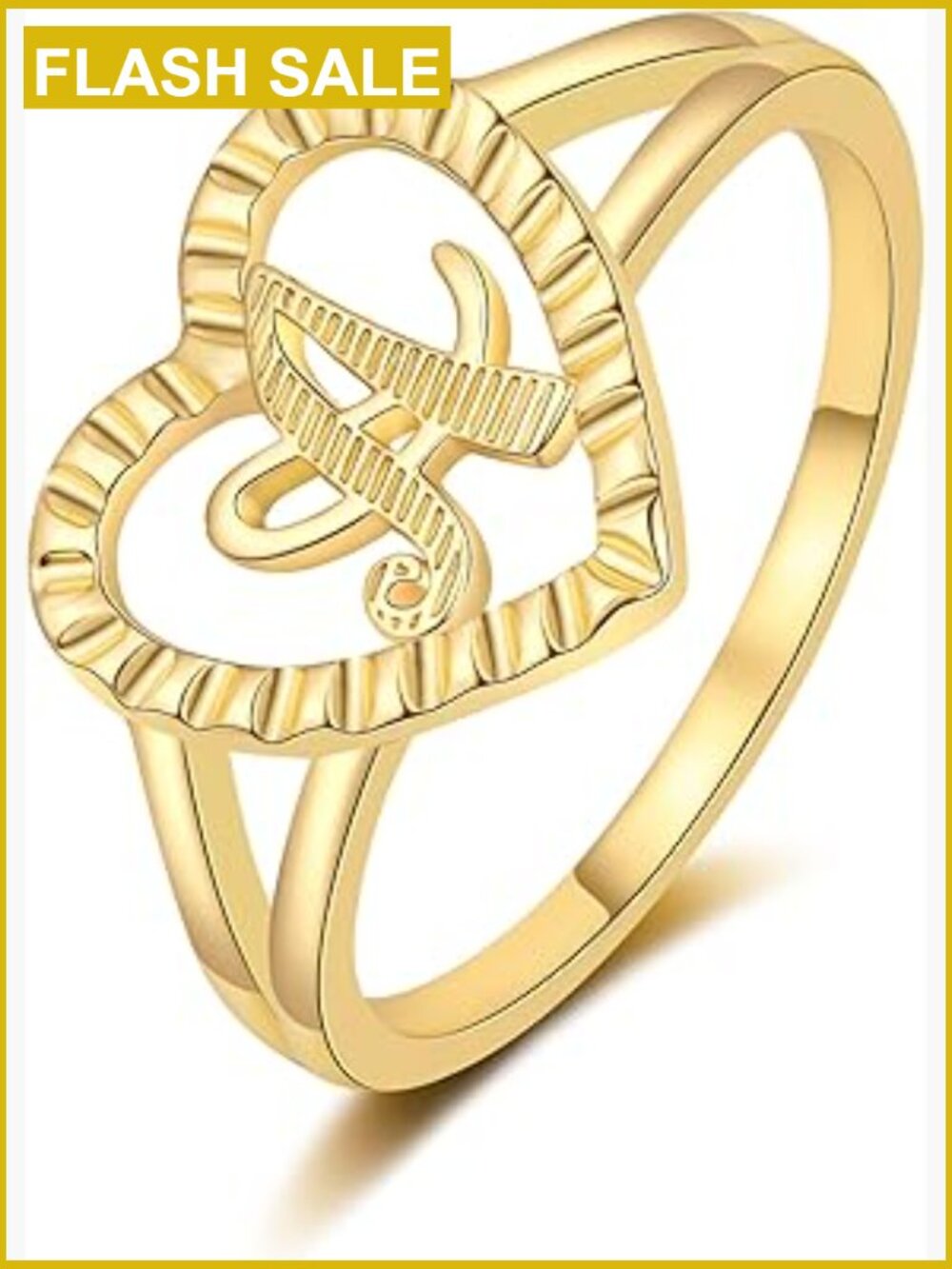 14K Gold Plated Initial Heart Ring - Stackable Statement Ring Size 6-10